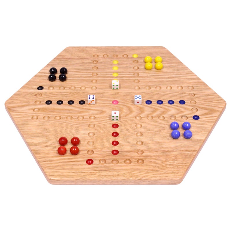 AmishToyBox.com Wahoo Marble Game Board Set - 20" Wide - Solid Oak Wood - Double-Sided - with Large 18mm Marbles and Dice Included - Image 3